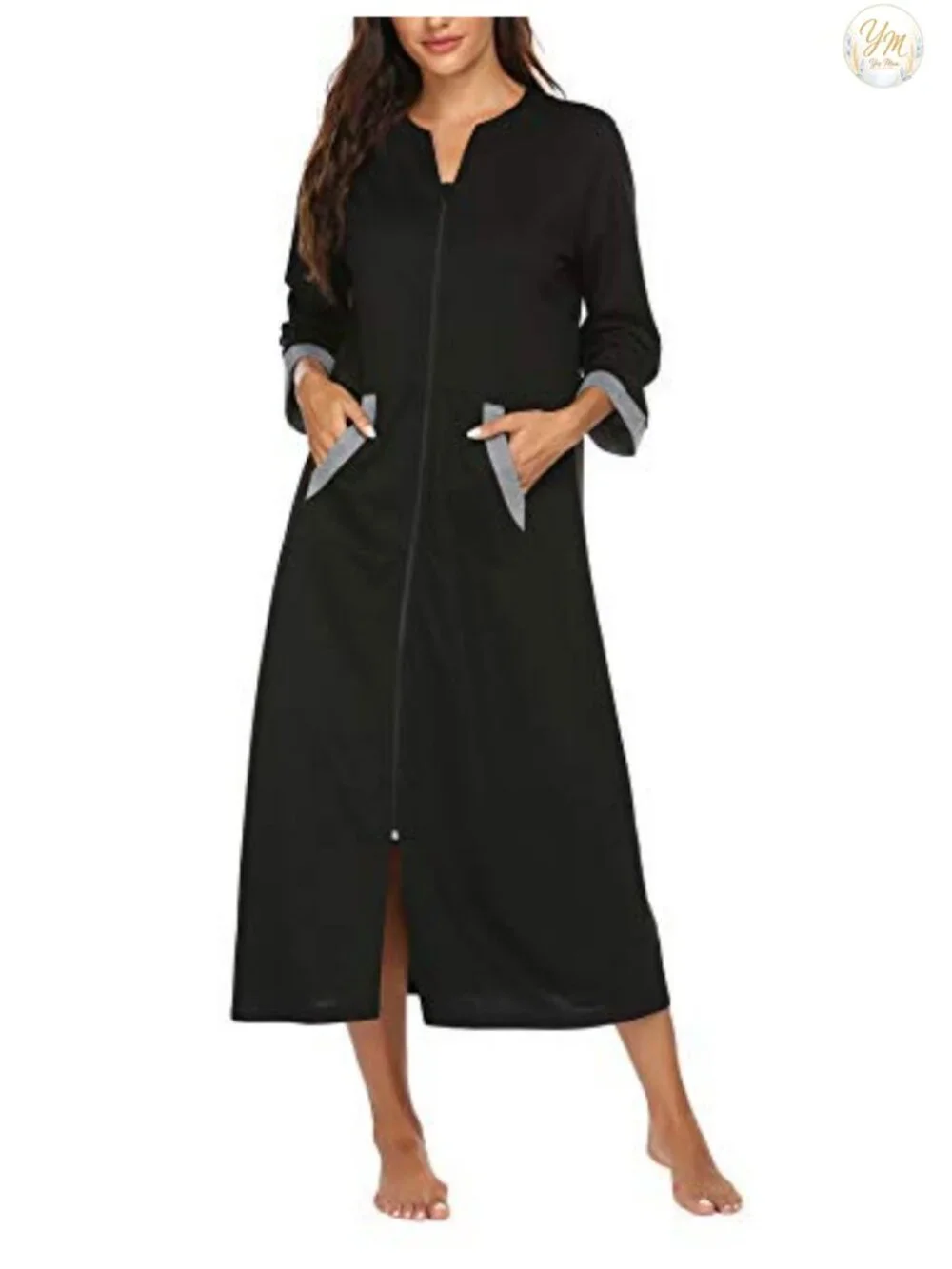 Women's Full Length Zipper Robe with Pockets, 3/4 Sleeve Housecoat